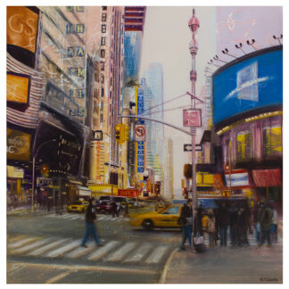 A vibrant painting of a busy urban street scene with colorful storefronts, pedestrians, and taxis, likely depicting a bustling city intersection. By Lesley Anne Derks
